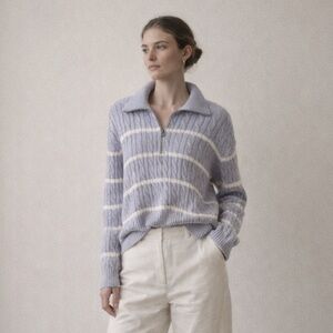 Hollister Soft Cable Knit Quarter Zip Sweater Blue & White Stripe 90s Preppy M